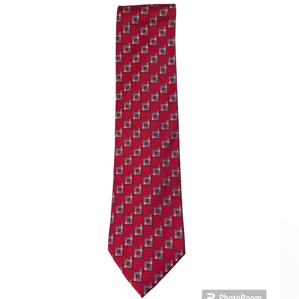 Daniel De Fasson Mens Colorful Preppy Geometric Red 100% Silk Tie Hand Made